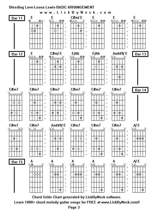 Chord Grids Chart of chord melody fingerstyle guitar song-Bleeding Love-Leona Lewis-BASIC ARRANGEMENT,generated by LickByNeck software.